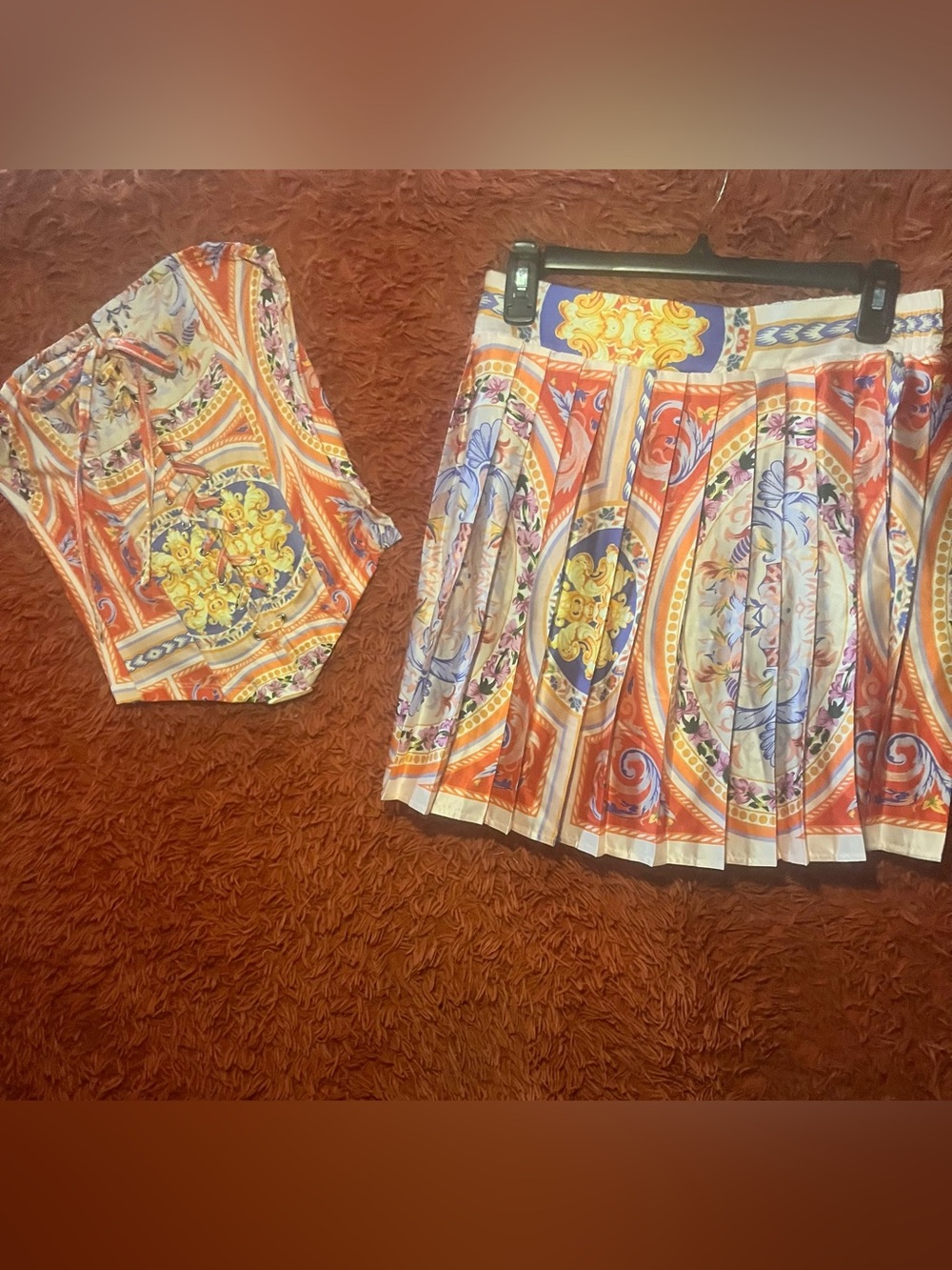 Swank Pleated Ornate Print Tennis Skirt & Corset Set Large New WO Tags